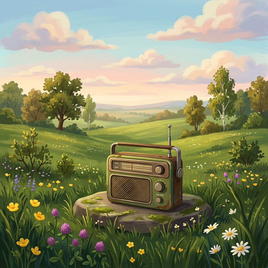 Vintage radio on a stone surrounded by wildflowers in a green meadow under a pastel sky