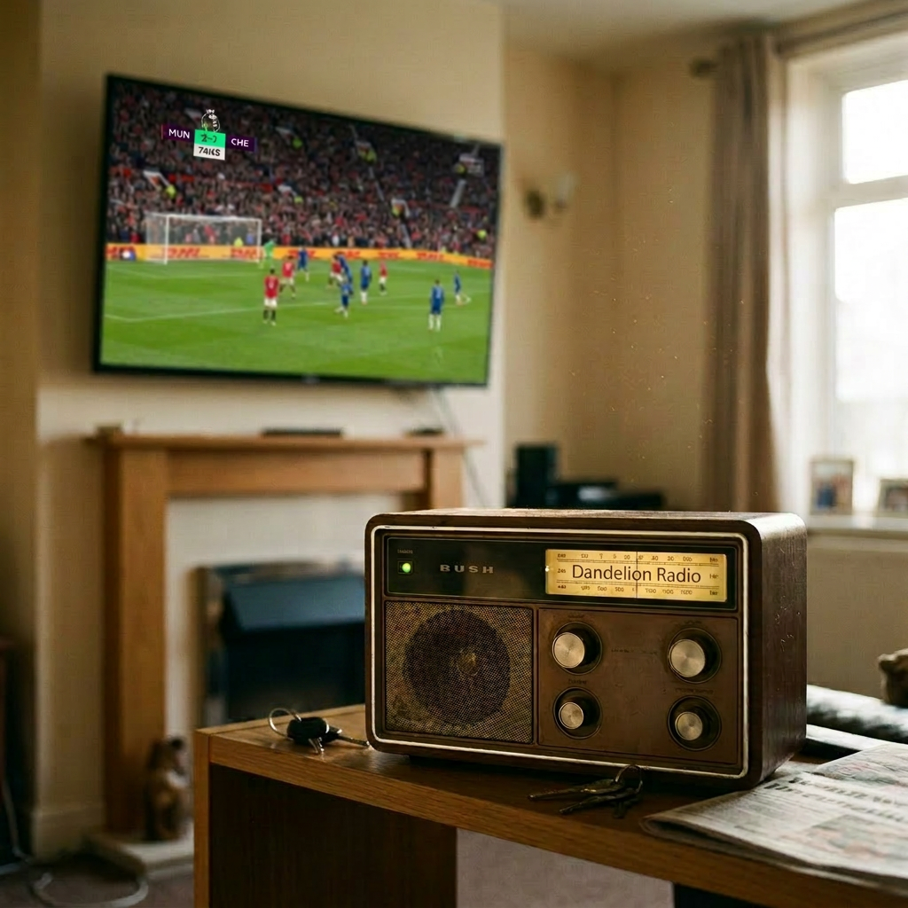 Vintage radio with live sports broadcast Vintage Bush radio tuned to BBC Radio 5 Live on a wooden table with a football match on TV in the background