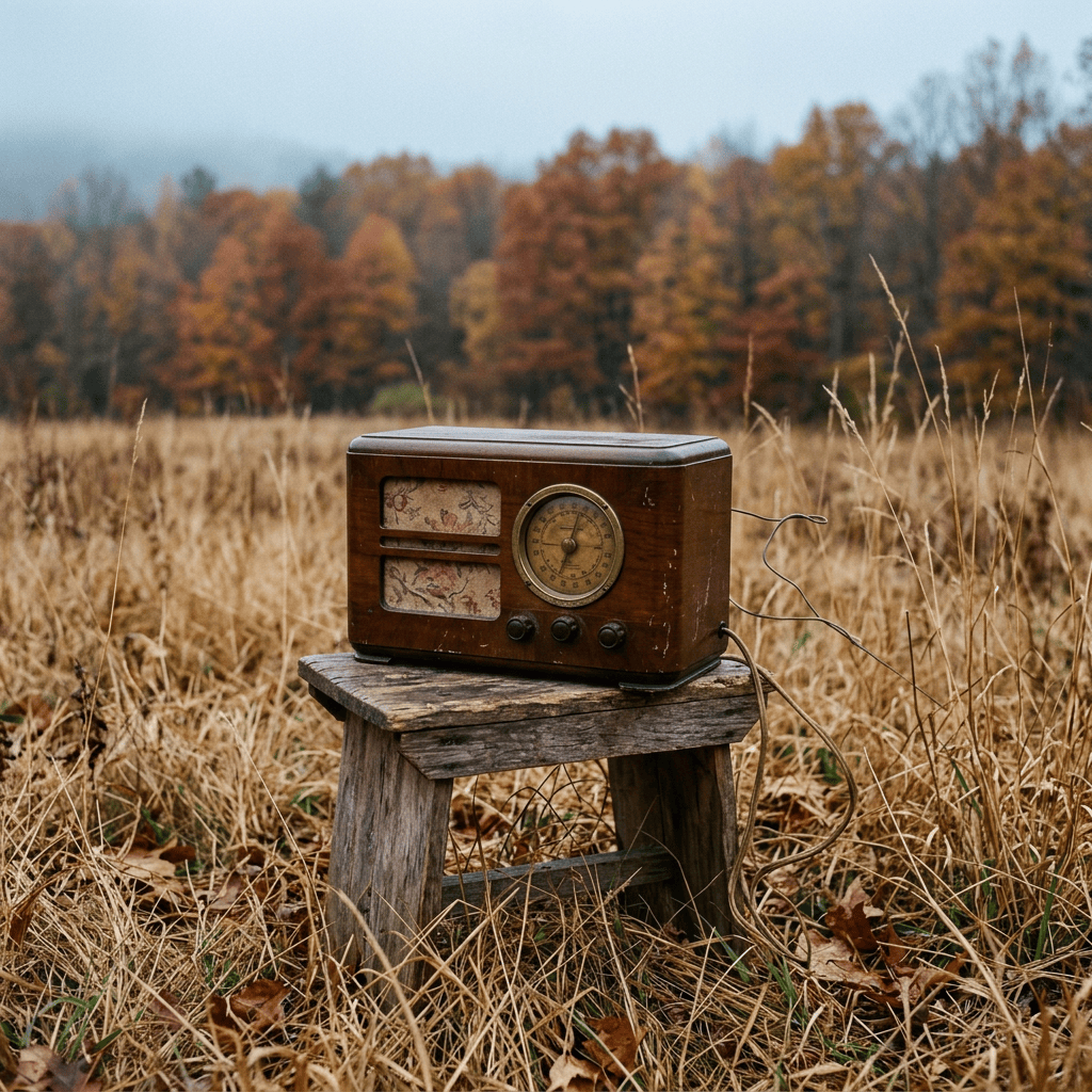 Vintage wooden radio on a stool in an autumn meadow