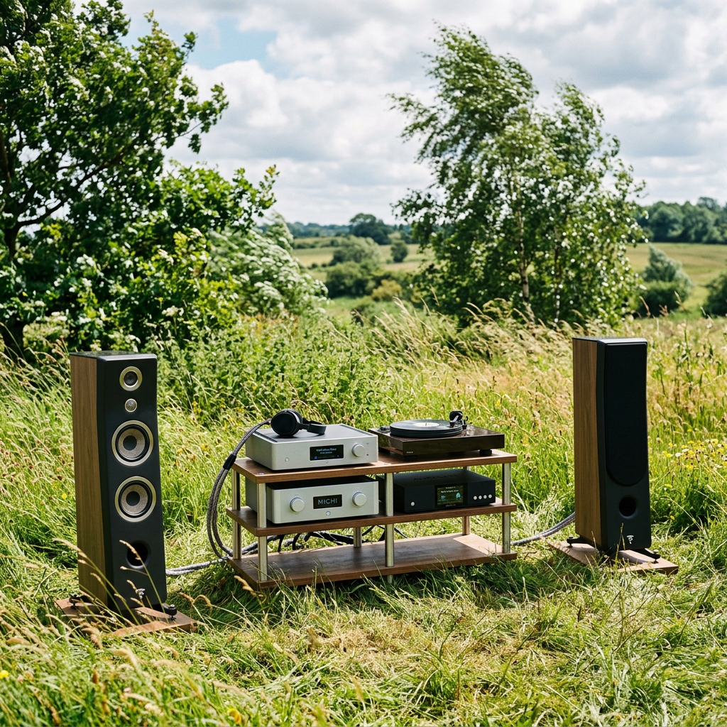 Hi-fi stereo system with speakers, turntable, and amplifiers in a meadow